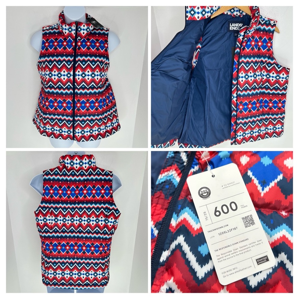 Lands' End Down Puffer Vest‎ NWT Womens Large 600 Fill Aztec Southwestern Tribal